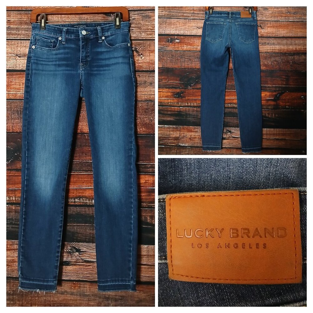 Lucky Brand Jeans 4 27 Ava Ankle Skinny Mid Rise Raw Hem Blue Denim Stretch